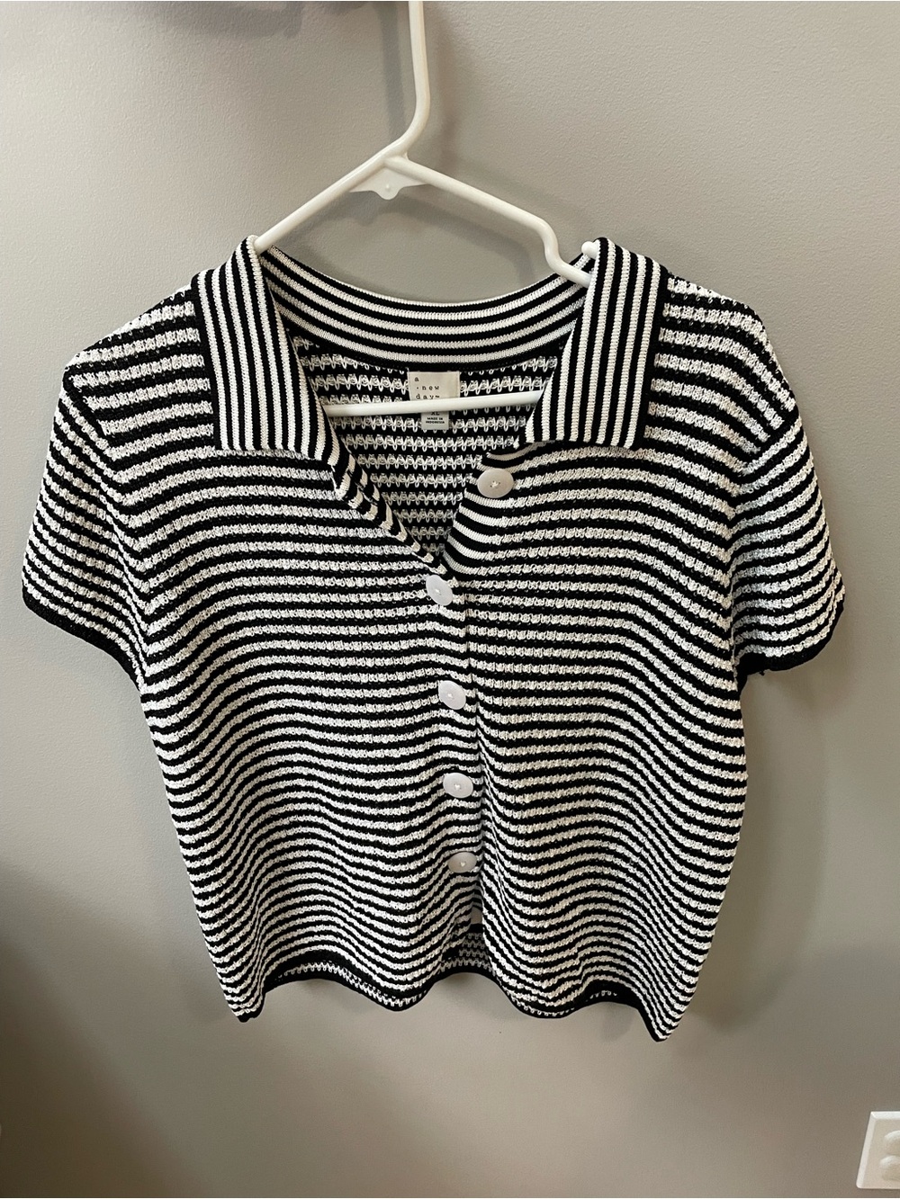 a new day Black and White Striped Button-Front Polo Top